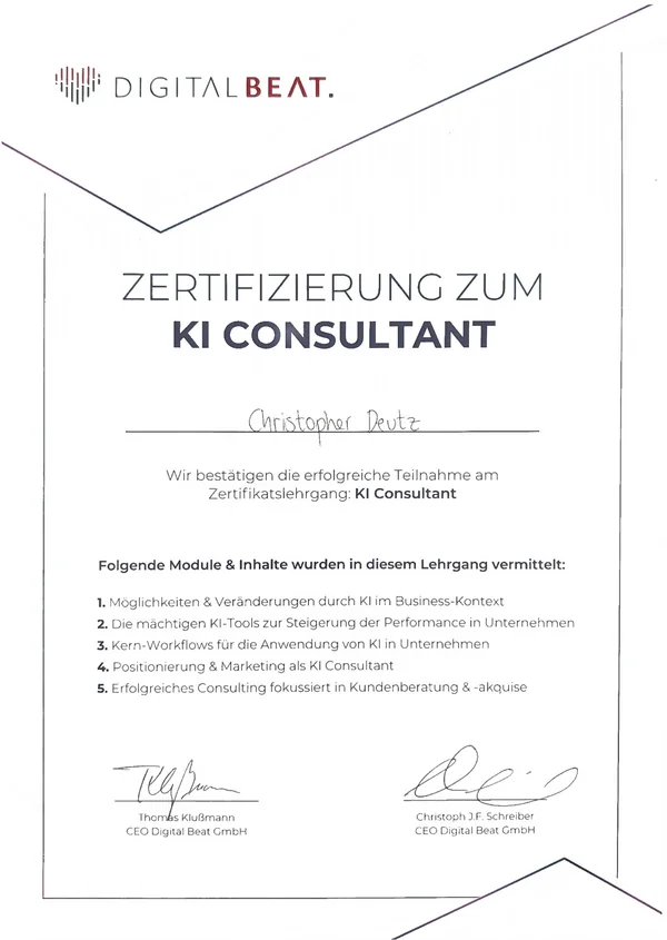 Zertifikat zur Teilnahme am Lehrgang 'KI-Consultant' der Digital Beat Academy, ausgestellt auf Christopher Deutz